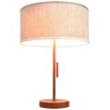 Temde teak table lamp round wood base & rod fabric lampshade 1960s Germany 2 E27 sockets