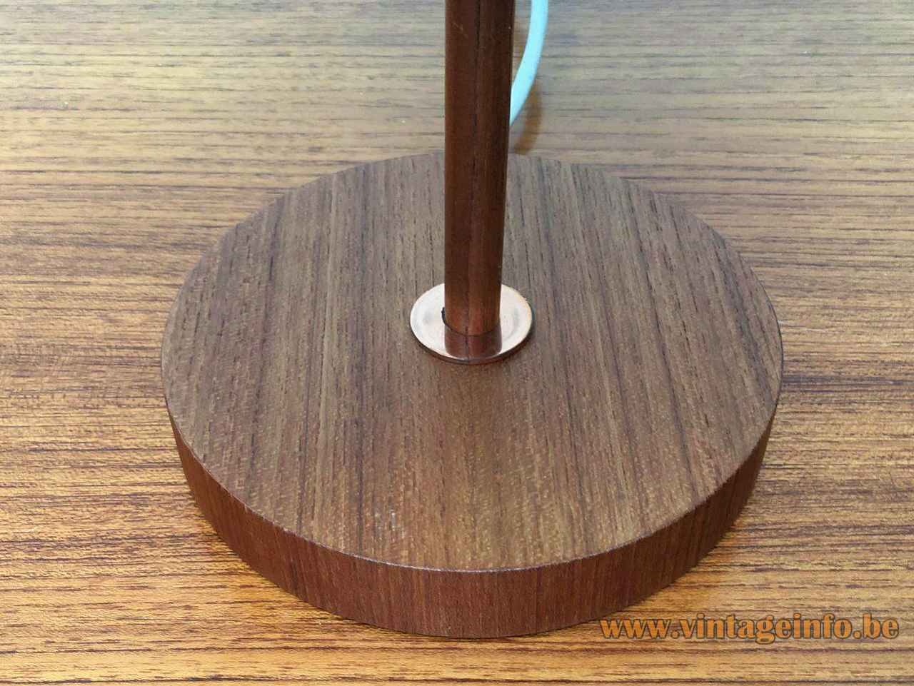 Temde teak table lamp round wood base & rod copper ring 1960s Germany