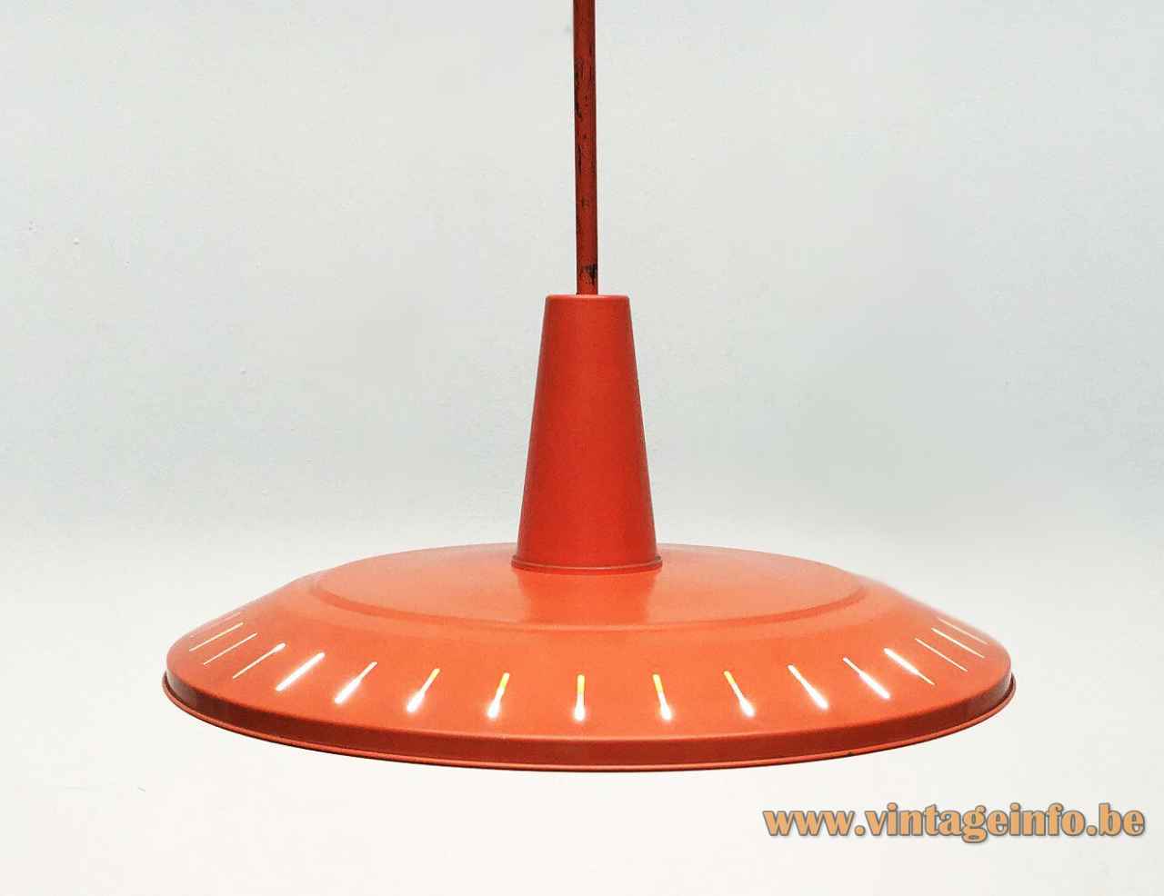 Van Haute orange pendant lamp round metal disc lampshade elongated slots circular fluorescent tube 1960s Belgium