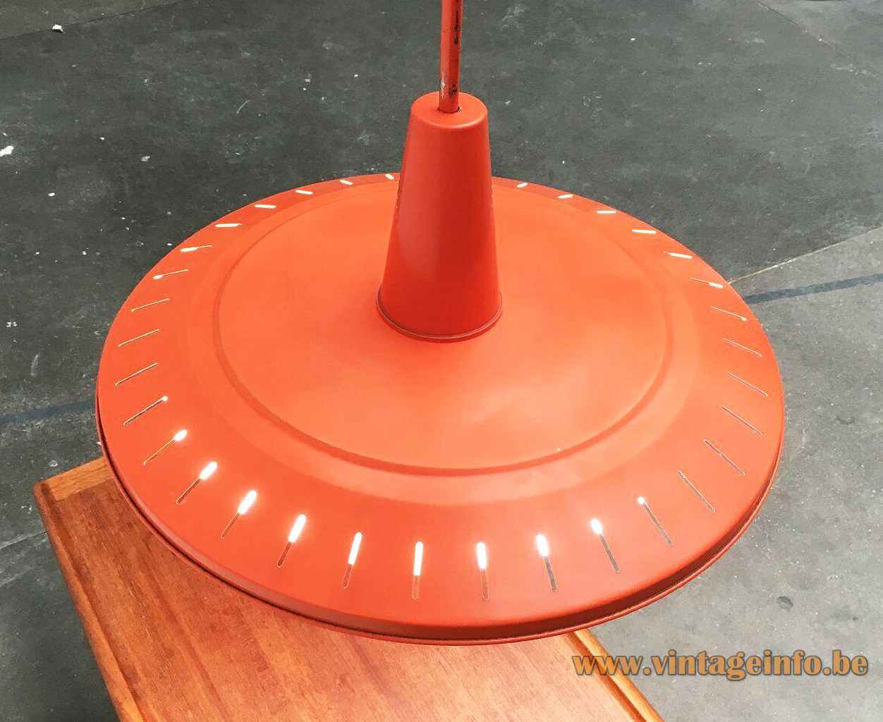 Van Haute orange pendant lamp round metal disc lampshade elongated slots circular fluorescent tube 1960s Belgium