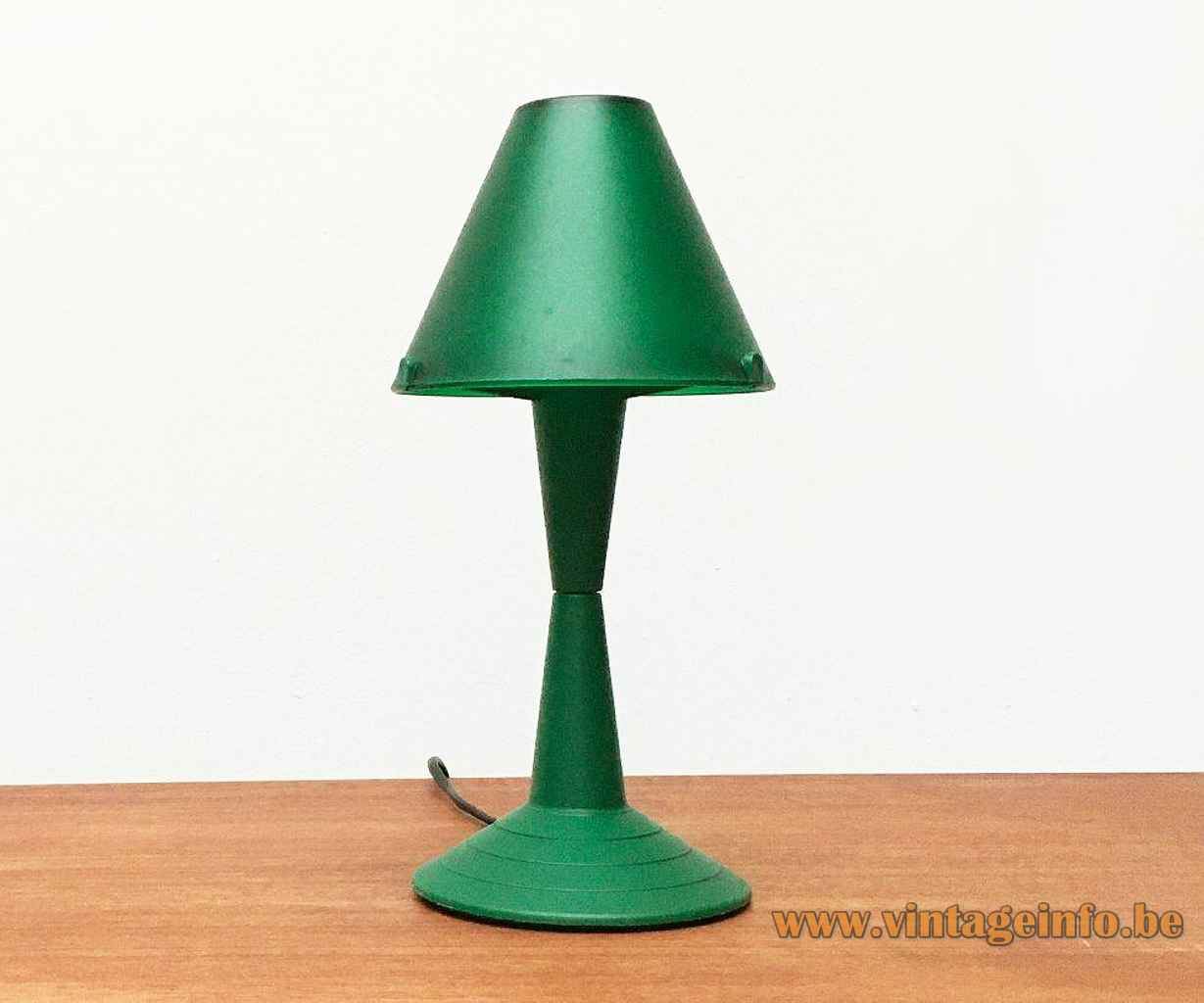 Veneta Lumi Lulu table lamp round green plastic base concave rod conical lampshade 1990s Italy