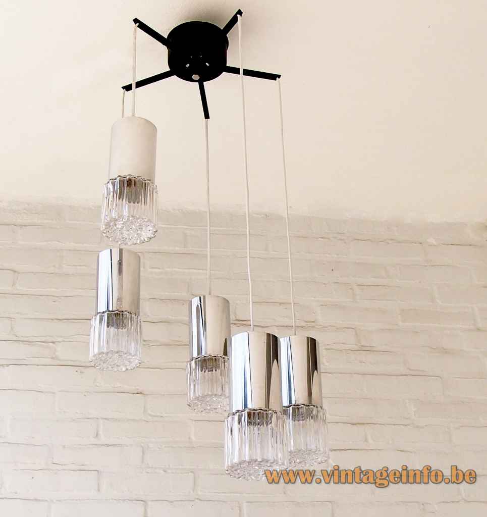 1970s cascading bubble glass chandelier 5 embossed lampshades thick chrome tubes E27 sockets 1960s East Germany