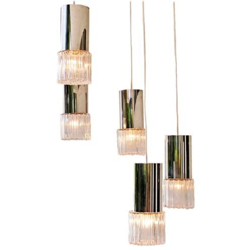 1970s cascading bubble glass chandelier 5 embossed lampshades thick chrome tubes E27 sockets 1960s East Germany