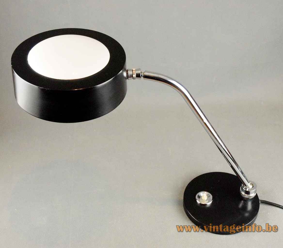 1980s JUMO desk lamp round & flat black metal base adjustable chrome rod disk style lampshade France