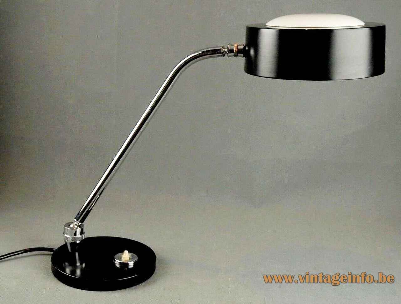 1980s JUMO desk lamp round & flat black metal base adjustable chrome rod disk style lampshade France