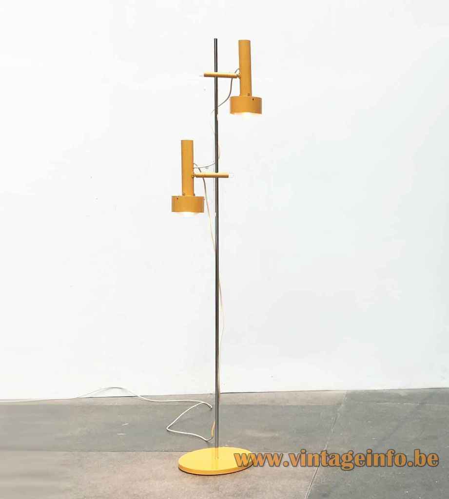  Edi Franz Swisslamps floor lamp round metal base chrome rod elongated yellow lampshades 1950s 1960s Switzerland