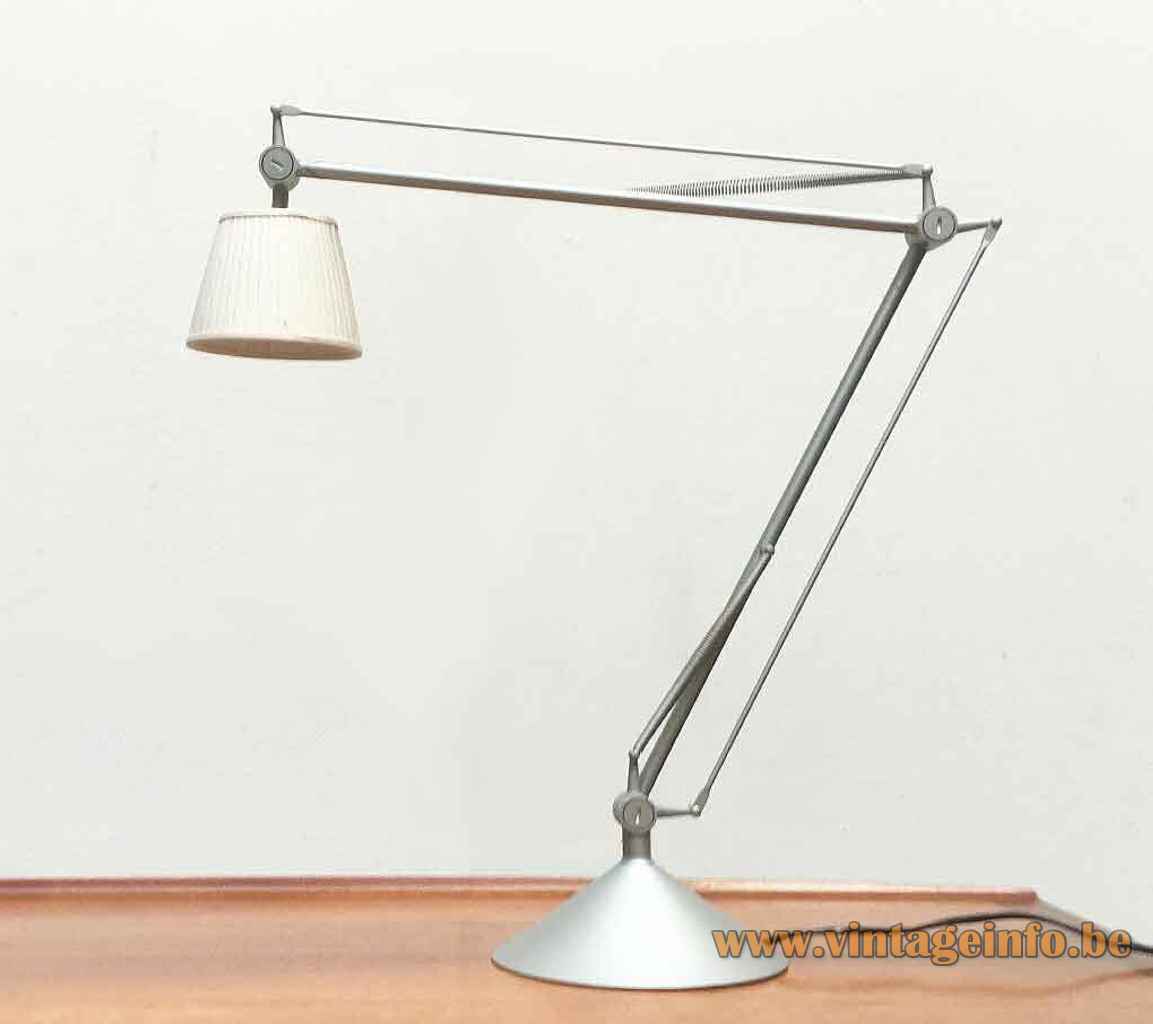 FLOS Archimoon Soft desk lamp conical grey metal base adjustable rods fabric lampshade Design: Philippe Starck
