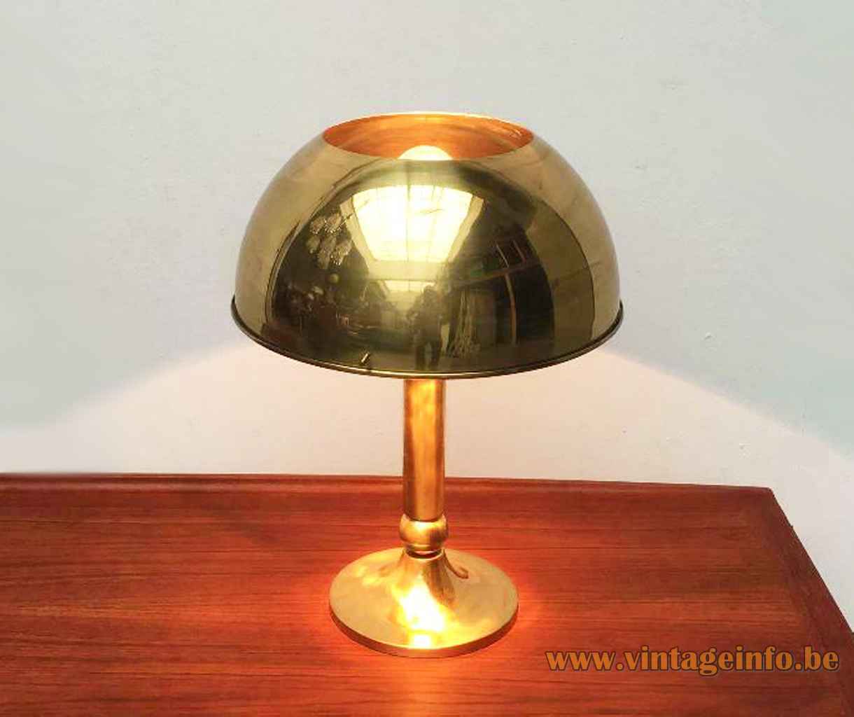 Florian Schultz brass table lamp round base & rod round mushroom lampshade 1970s 1980s Germany E27 socket