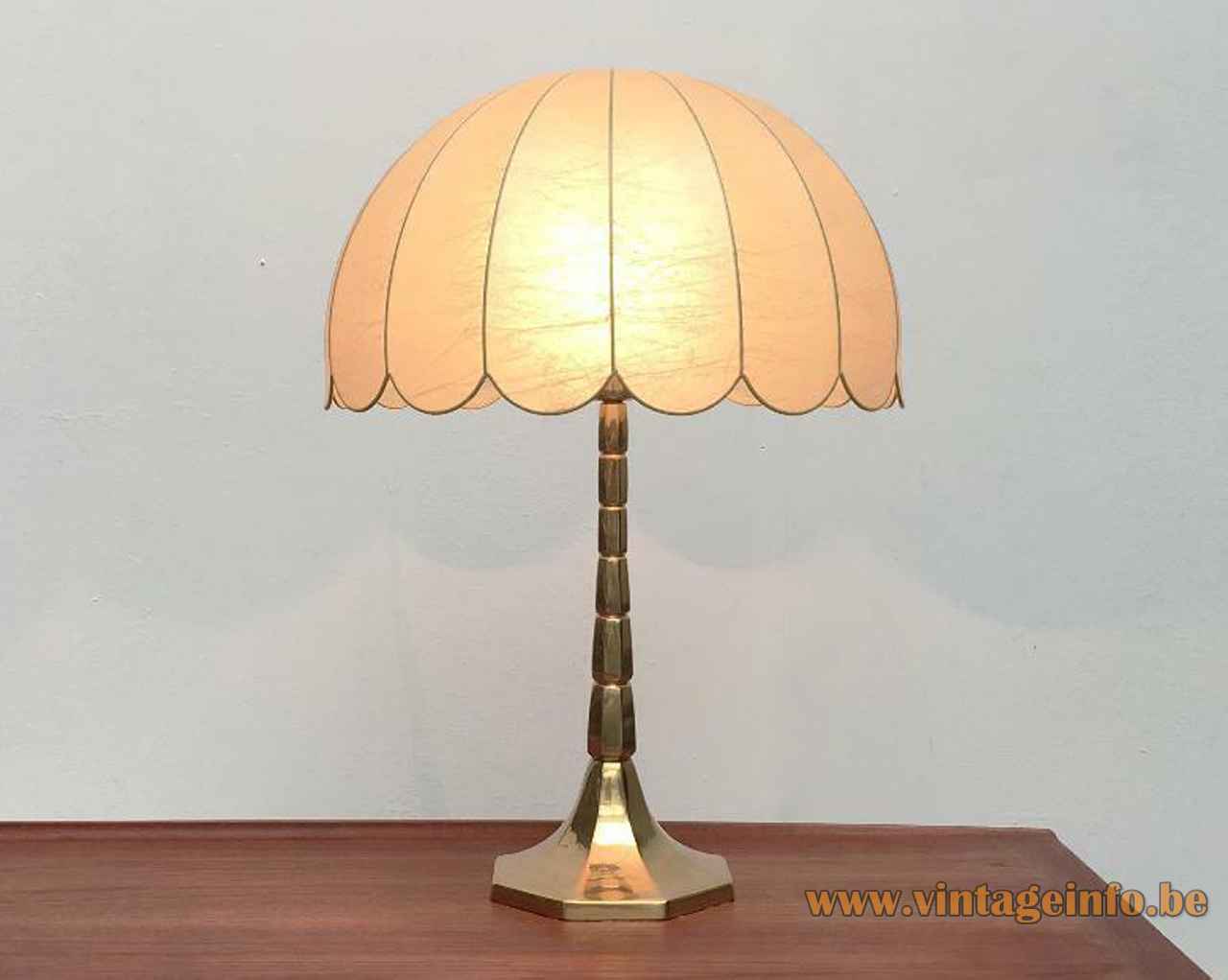 Goldkant Leuchten Cocoon table lamp hexagonal cast brass base & rod plastic umbrella lampshade 1970s 1980s Germany