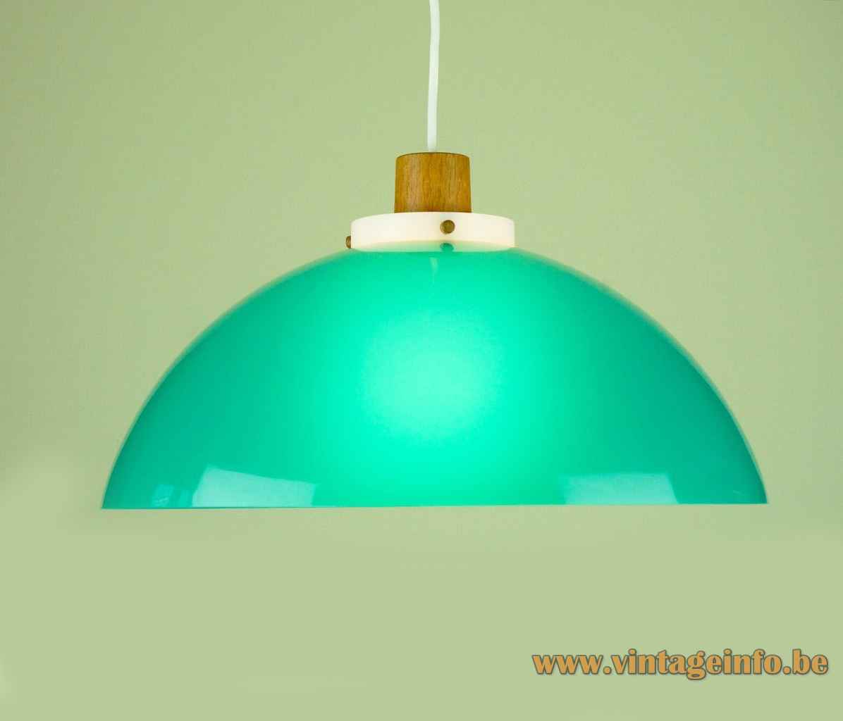 Green acrylic Luxus pendant lamp round lampshade tube diffuser teak housing 1960s Design: Uno & Östen Kristiansson
