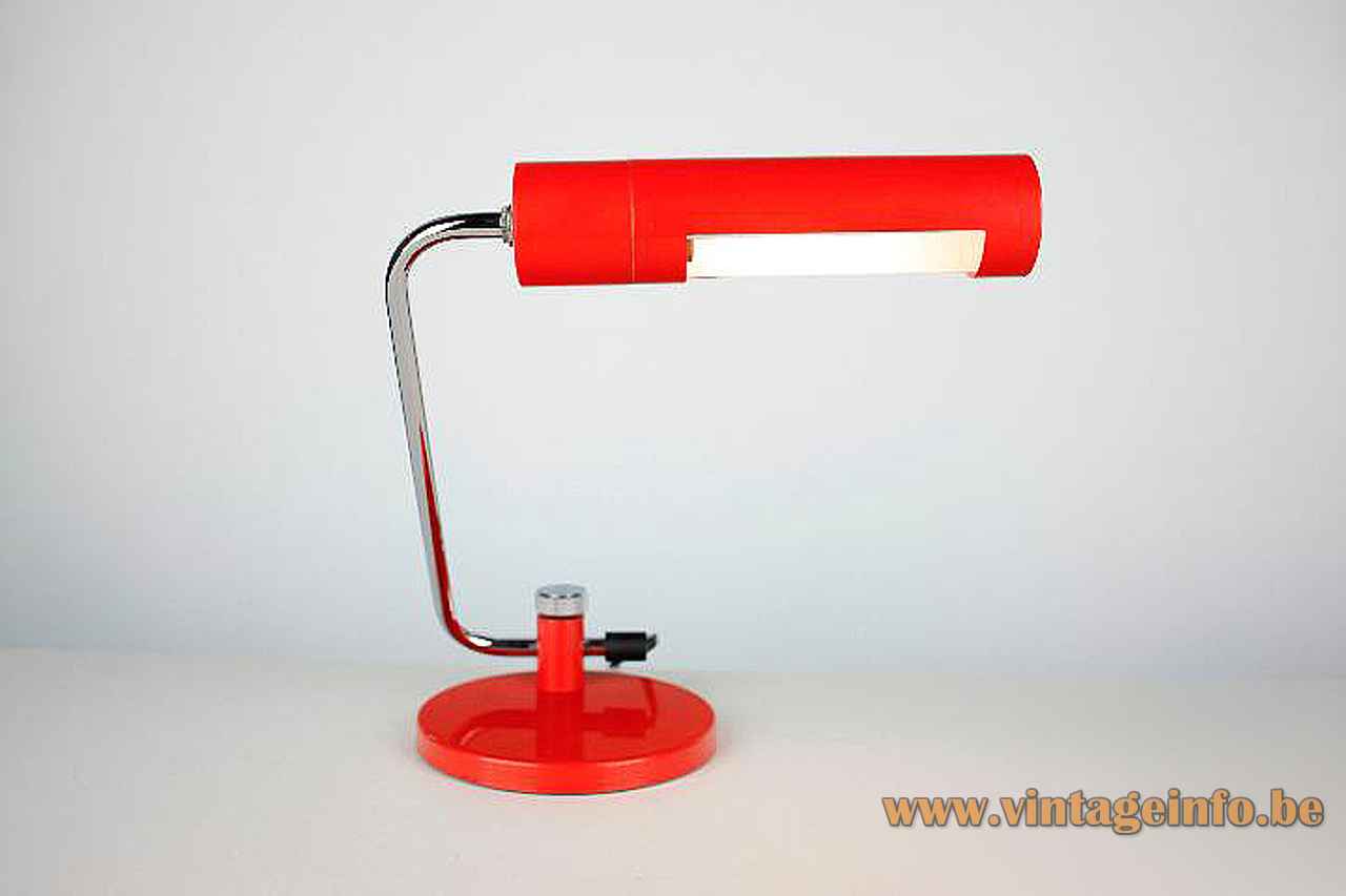 Hala tube desk lamp round red base folded chrome rod adjustable elongated lampshade 1960s 1970s Netherlands