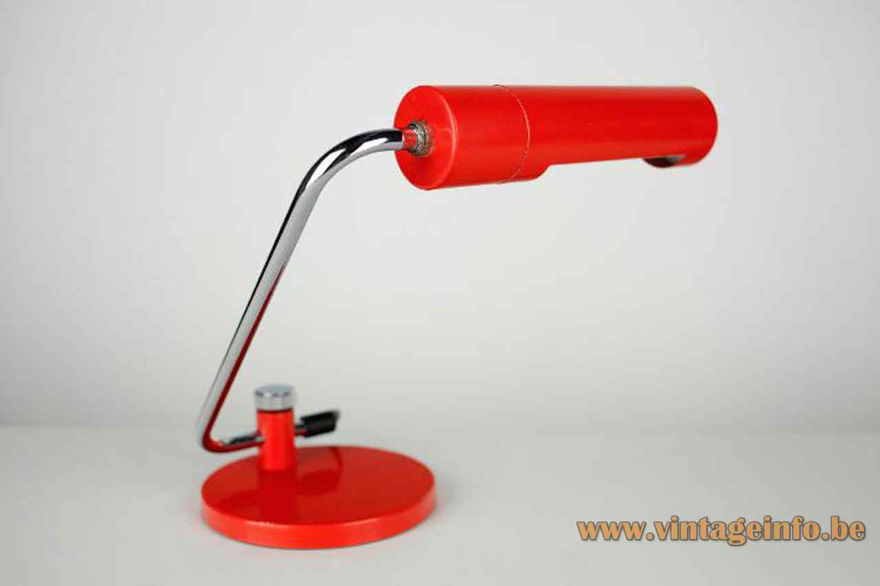 Hala tube desk lamp round red base folded chrome rod adjustable elongated lampshade 1960s 1970s Netherlands