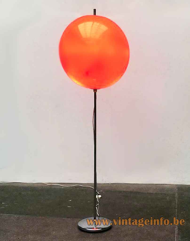 Honsel Leuchten orange globe floor lamp round chrome base & rod acrylic sphere lampshade 1970s Germany