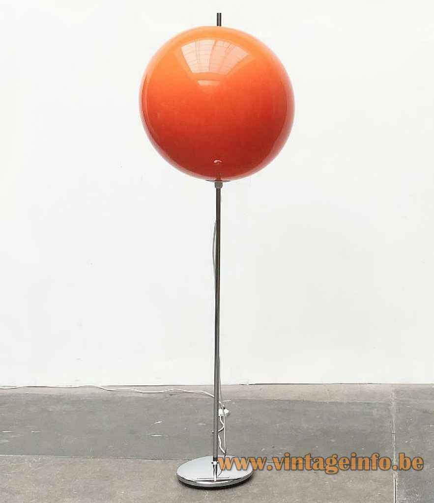 Honsel Leuchten orange globe floor lamp round chrome base & rod acrylic sphere lampshade 1970s Germany