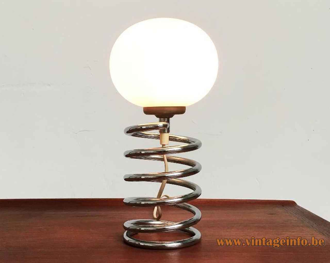 Honsel Leuchten spiral table lamp chrome spring rod base opal glass globe lampshade 1970s Germany