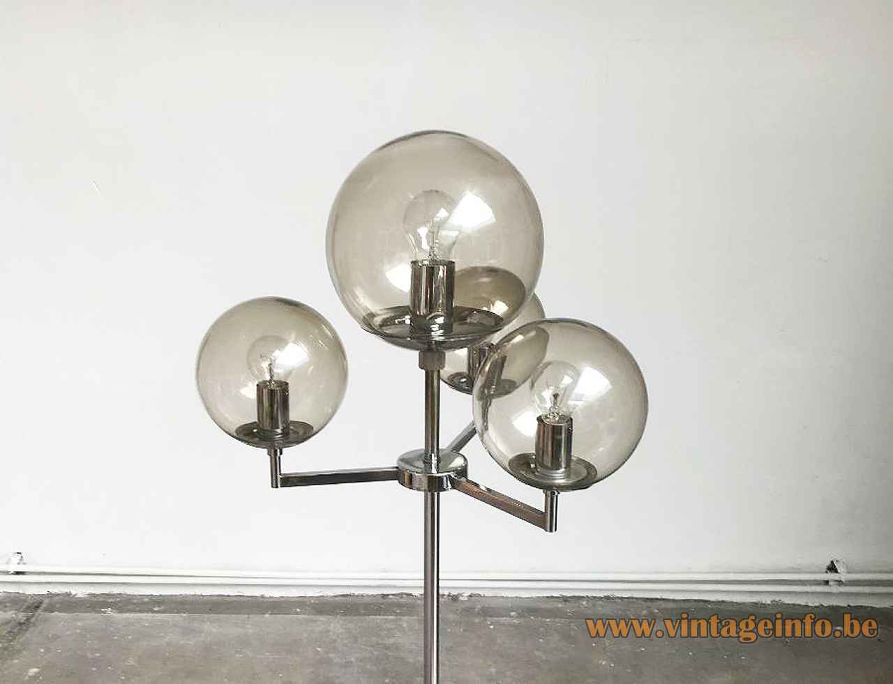 Hustadt Leuchten smoked globes floor lamp chrome rods 4 glass sphere lampshades 1960s 1970s Germany