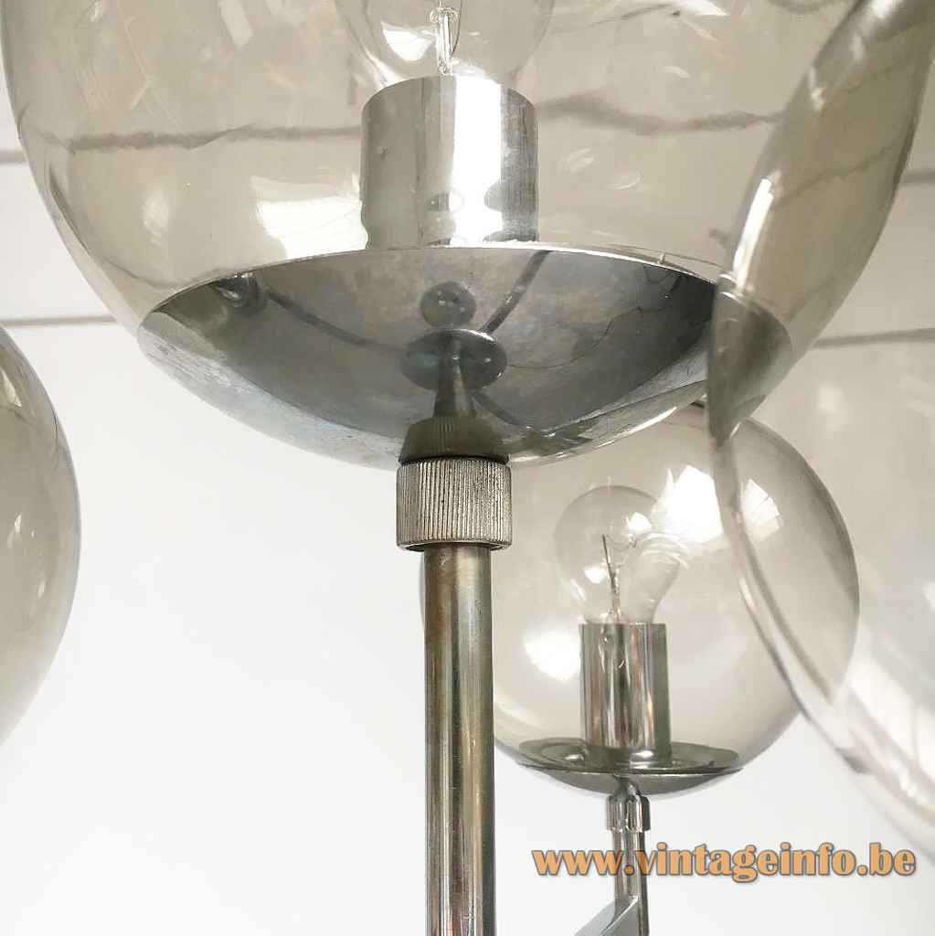 Hustadt Leuchten smoked globes floor lamp chrome tube & rod ornamental nut 1960s 1970s Germany