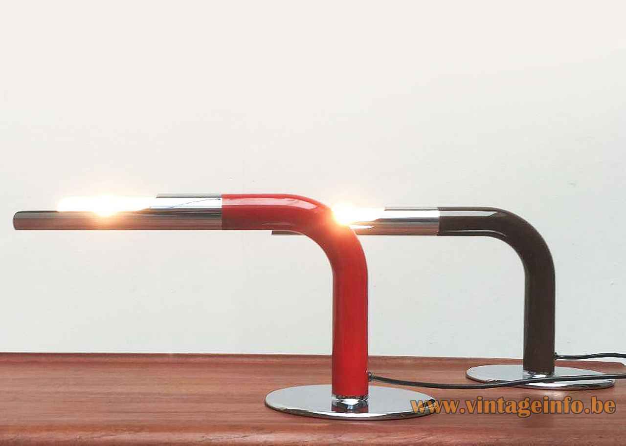 Ingo Maurer Gulp desk lamp round chrome base red tube lampshade 1960s 1970s Design M Germany