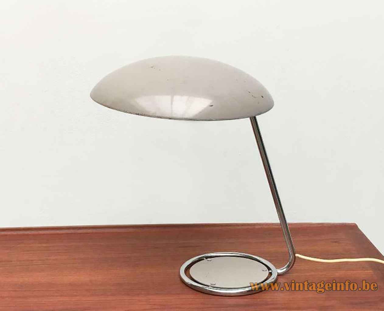 Kaiser Leuchten desk lamp 6761 chrome ring base & rod metal disc mushroom lampshade 1960s 1970s Germany
