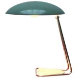 Kaiser Leuchten desk lamp 6763 triangular chrome rod base green inlay adjustable mushroom lampshade 1960s Germany