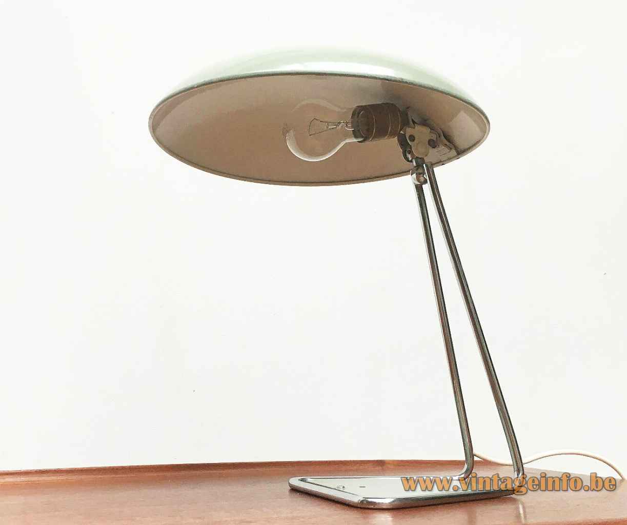 Kaiser Leuchten desk lamp 6763 triangular chrome rod base green inlay adjustable mushroom lampshade 1960s Germany