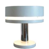 Kaiser Leuchten table lamp 10 round white metal base chrome rod round aluminium lampshade 1970s Germany