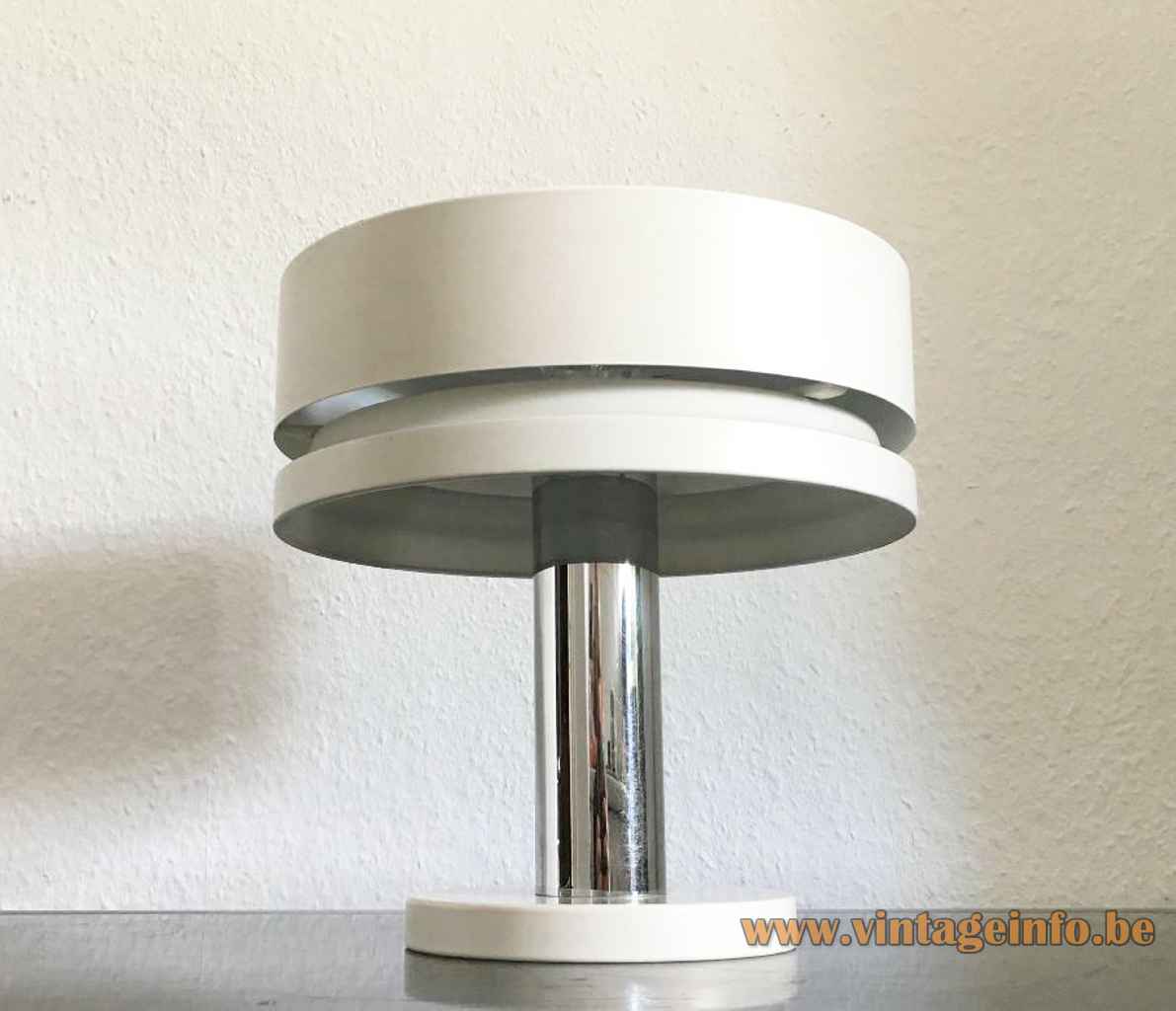 Kaiser Leuchten table lamp 10 round white metal base chrome rod round aluminium lampshade 1970s Germany