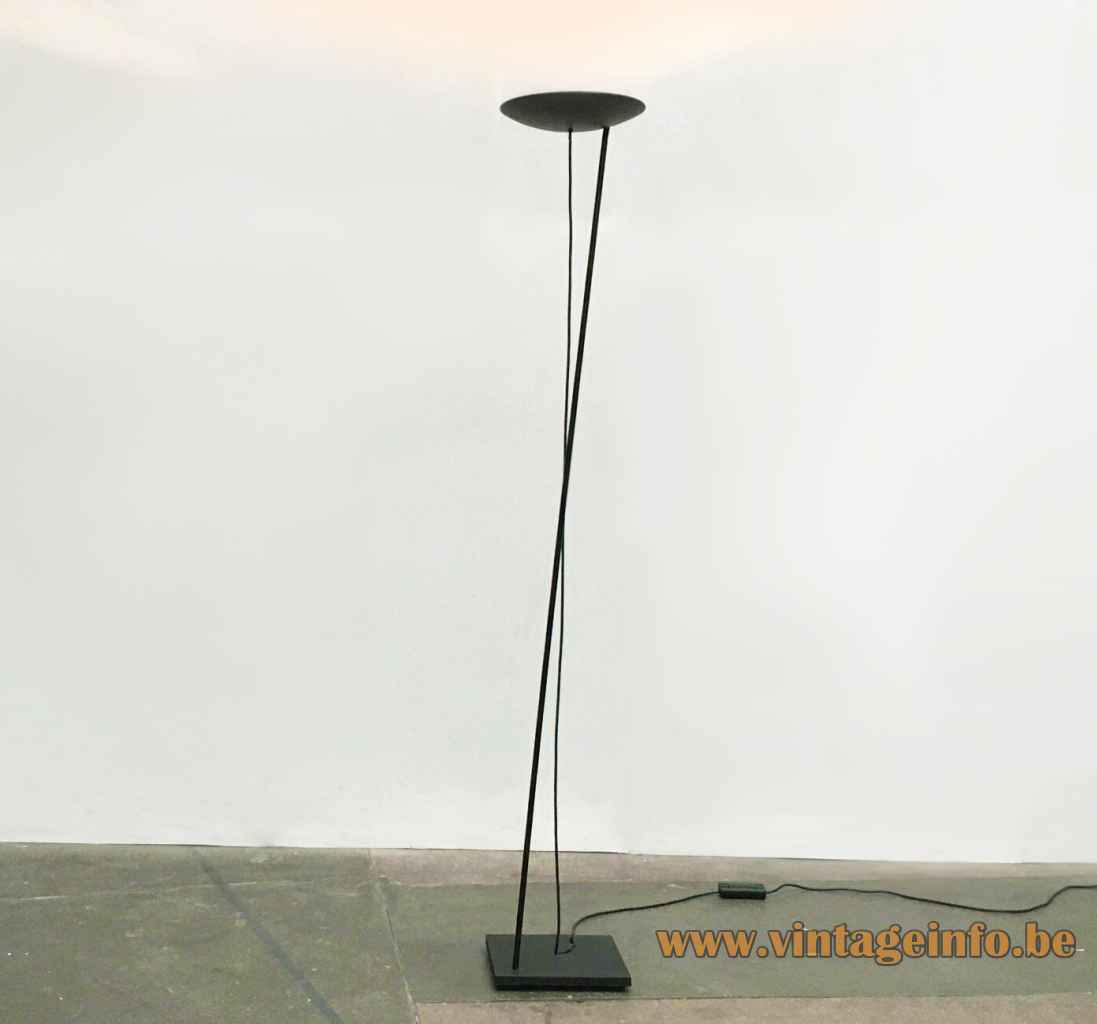 PAF Tao floor lamp square cast iron base long rod black disc lampshade 1980s Italy halogen