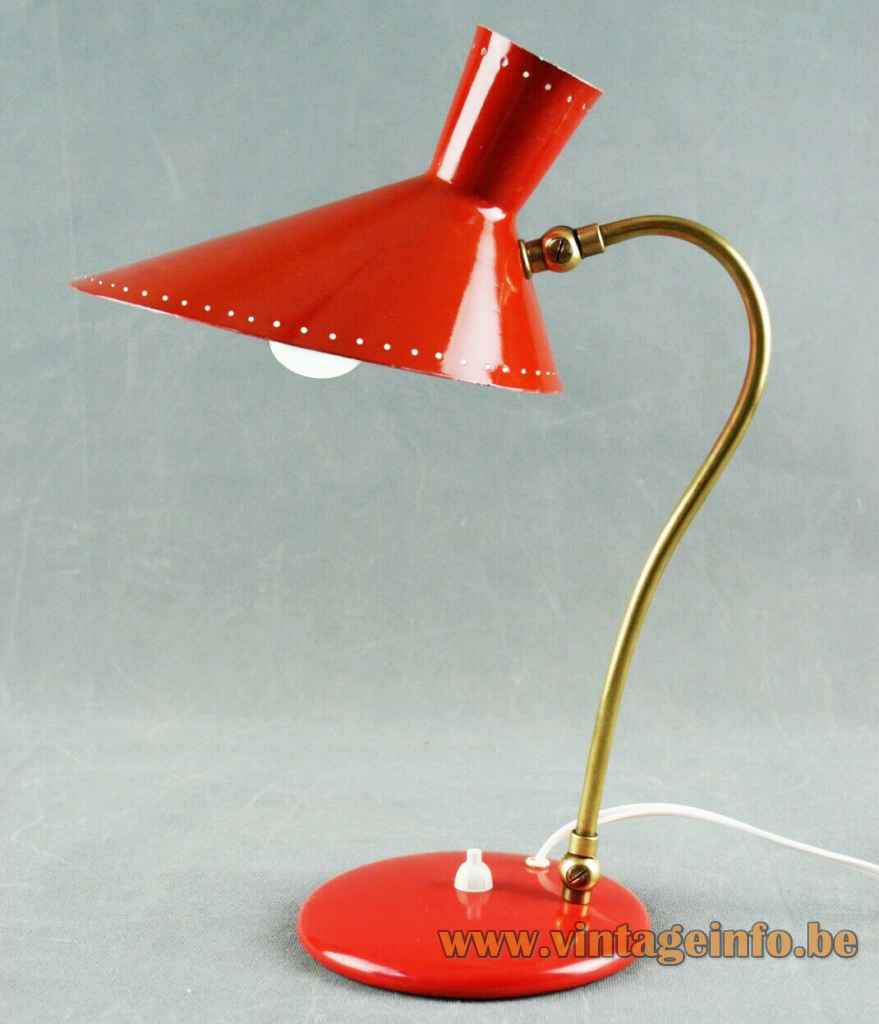  Svend Aage Holm Sørensen Bloom desk lamp round red base brass rod diabolo lampshade 1950s 1960s