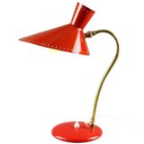 Svend Aage Holm Sørensen Bloom desk lamp round red base brass rod diabolo lampshade 1950s 1960s