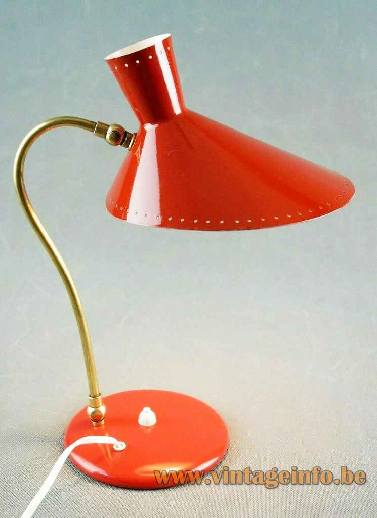  Svend Aage Holm Sørensen Bloom desk lamp round red base brass rod double cone lampshade 1950s 1960s