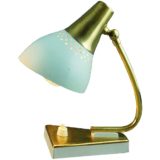 1960s Erpees bedside table lamp triangular base curved brass rod perforated lampshade 1950s Pfäffle Leuchten Germany