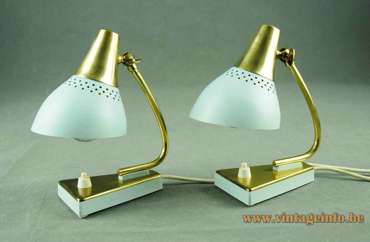 1960s Erpees bedside table lamp triangular base curved brass rod perforated lampshade 1950s Pfäffle Leuchten Germany