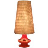 1960s German ceramics table lamp round red & black glazed pottery base conical fabric lampshade Hustadt-Leuchten