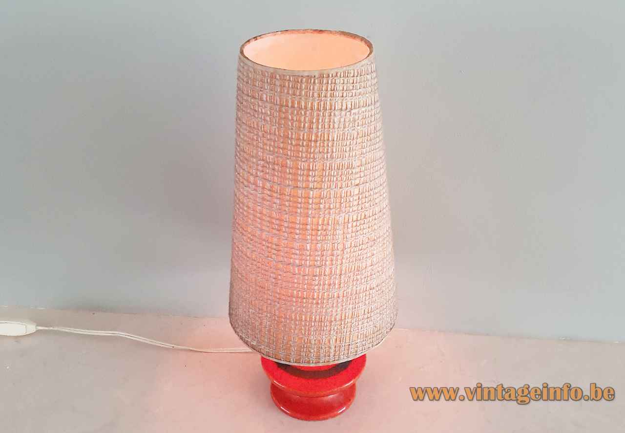 1960s German ceramics table lamp round red & black glazed pottery base conical fabric lampshade Hustadt-Leuchten