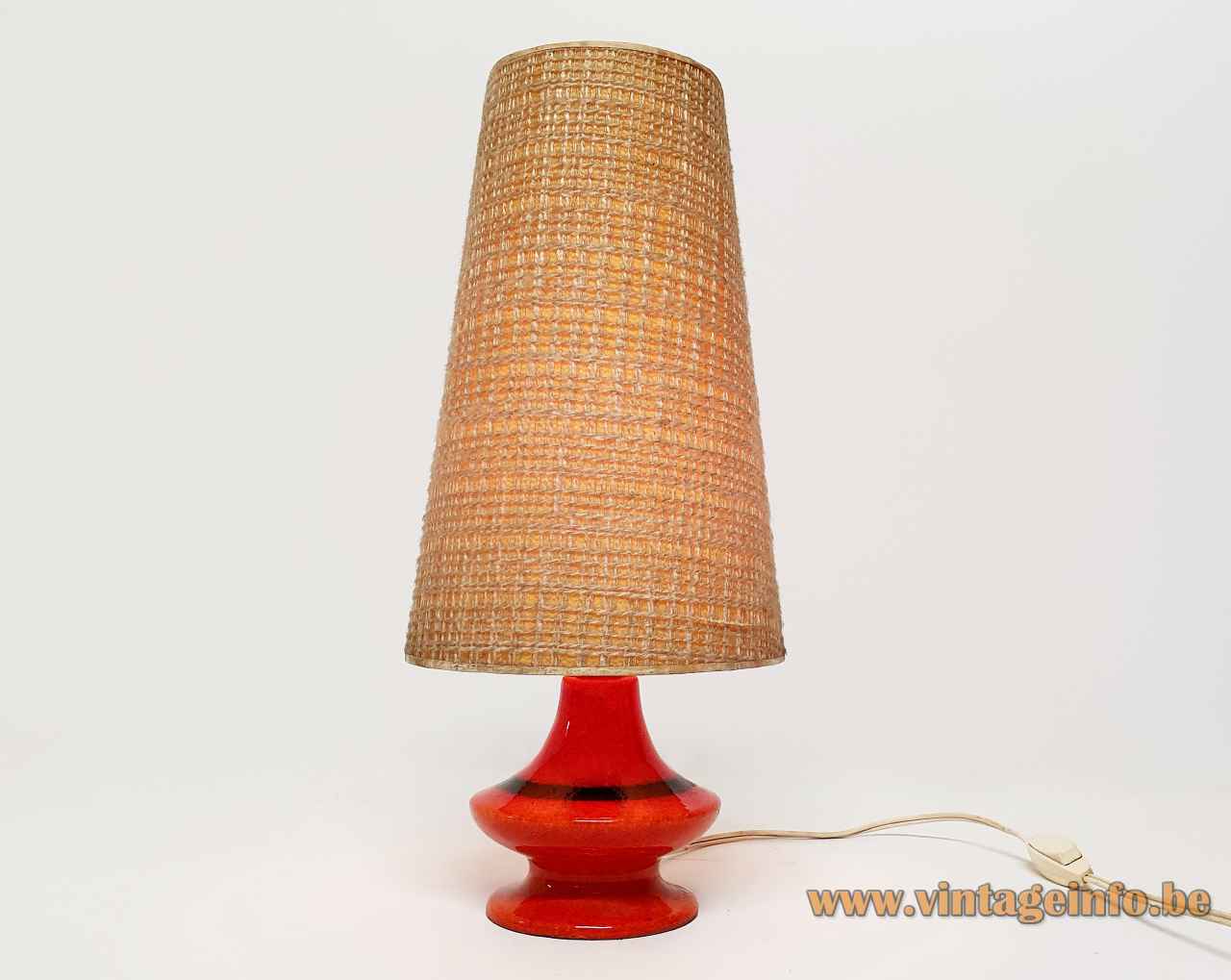 1960s German ceramics table lamp round red & black glazed pottery base conical fabric lampshade Hustadt-Leuchten