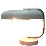 1960s Hustadt-Leuchten desk lamp round white metal base curved chrome rod aluminium mushroom lampshade 1970s Germany