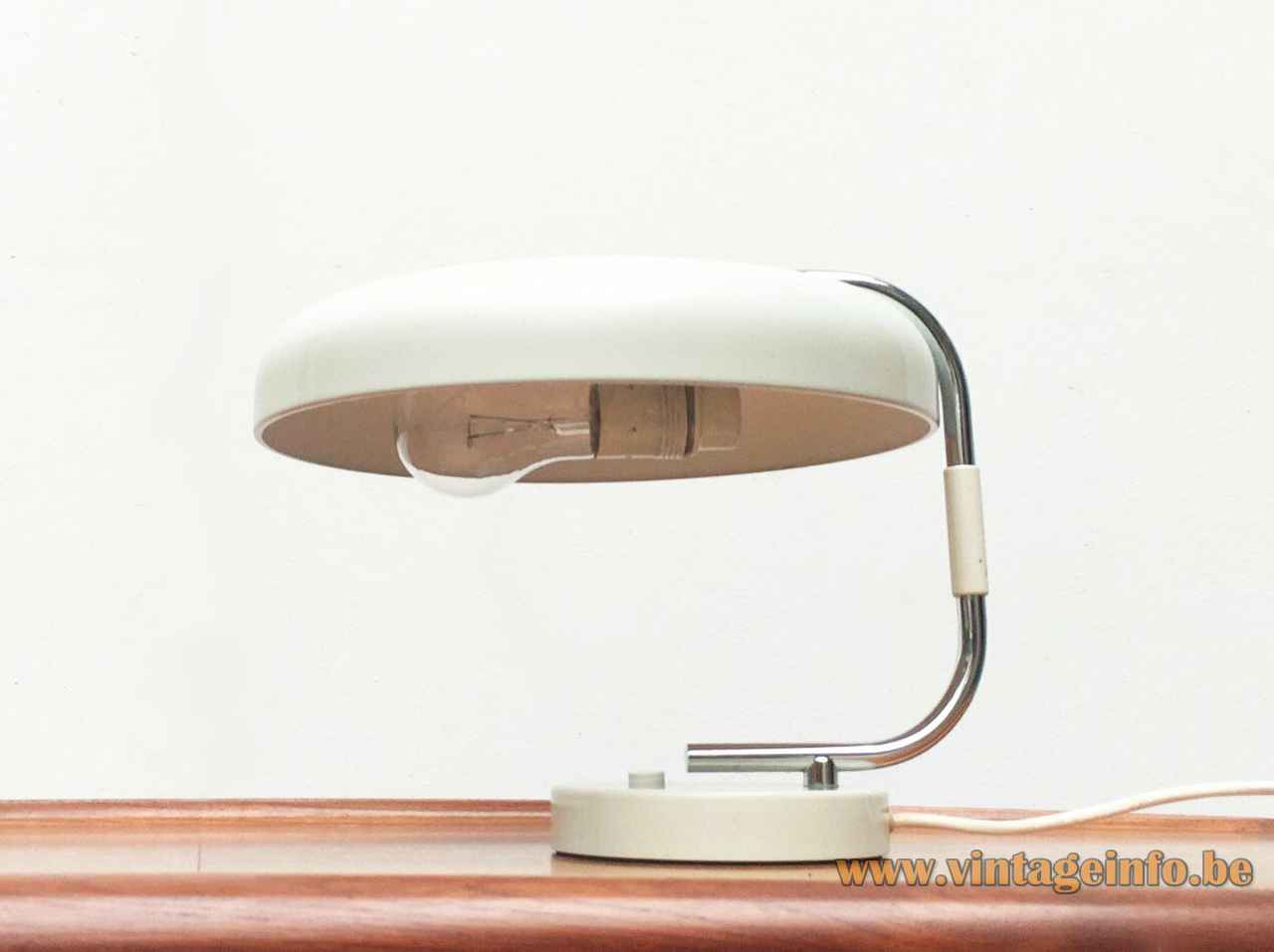 1960s Hustadt-Leuchten desk lamp round white metal base curved chrome rod aluminium mushroom lampshade 1970s Germany