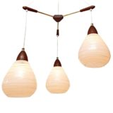 1960s triple pendant chandelier brass rods teak parts white striped conical opal glass lampshades Massive Belgium
