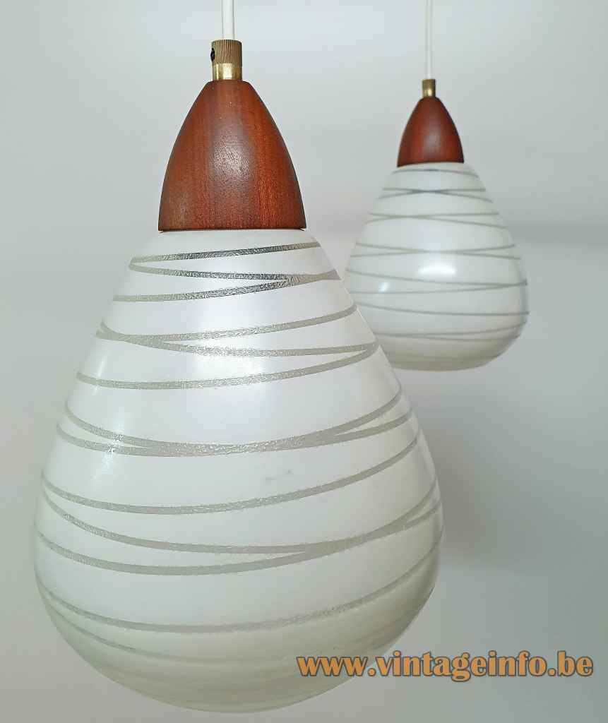 1960s triple pendant chandelier brass rods teak parts white striped conical opal glass lampshades Massive Belgium