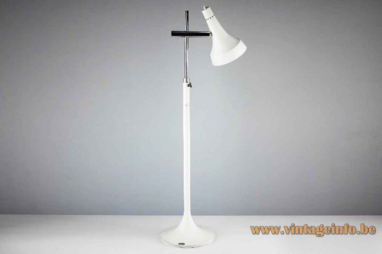 1970s Grin Luz desk lamp round white metal base chrome rods adjustable trumpet lampshade Madrid Spain