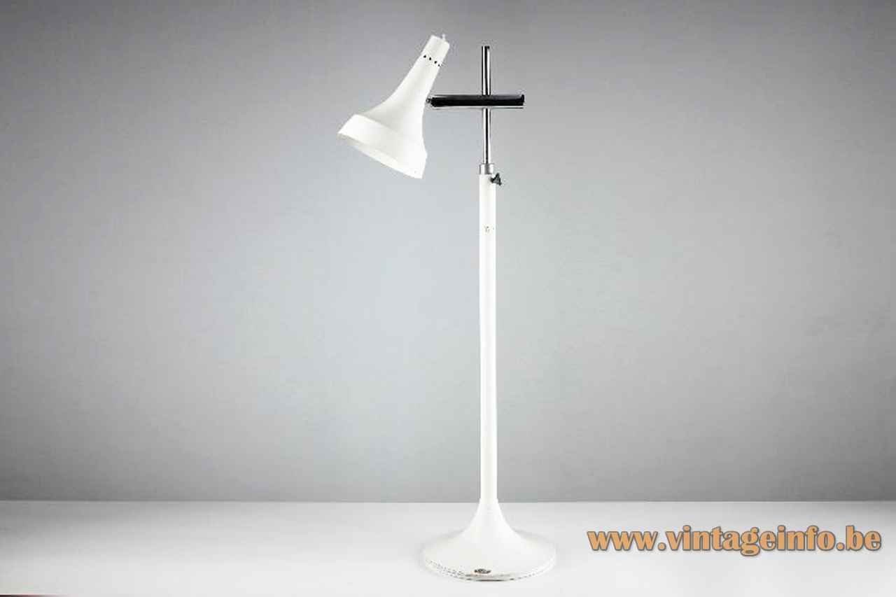 1970s Grin Luz desk lamp round white metal base chrome rods adjustable trumpet lampshade Madrid Spain