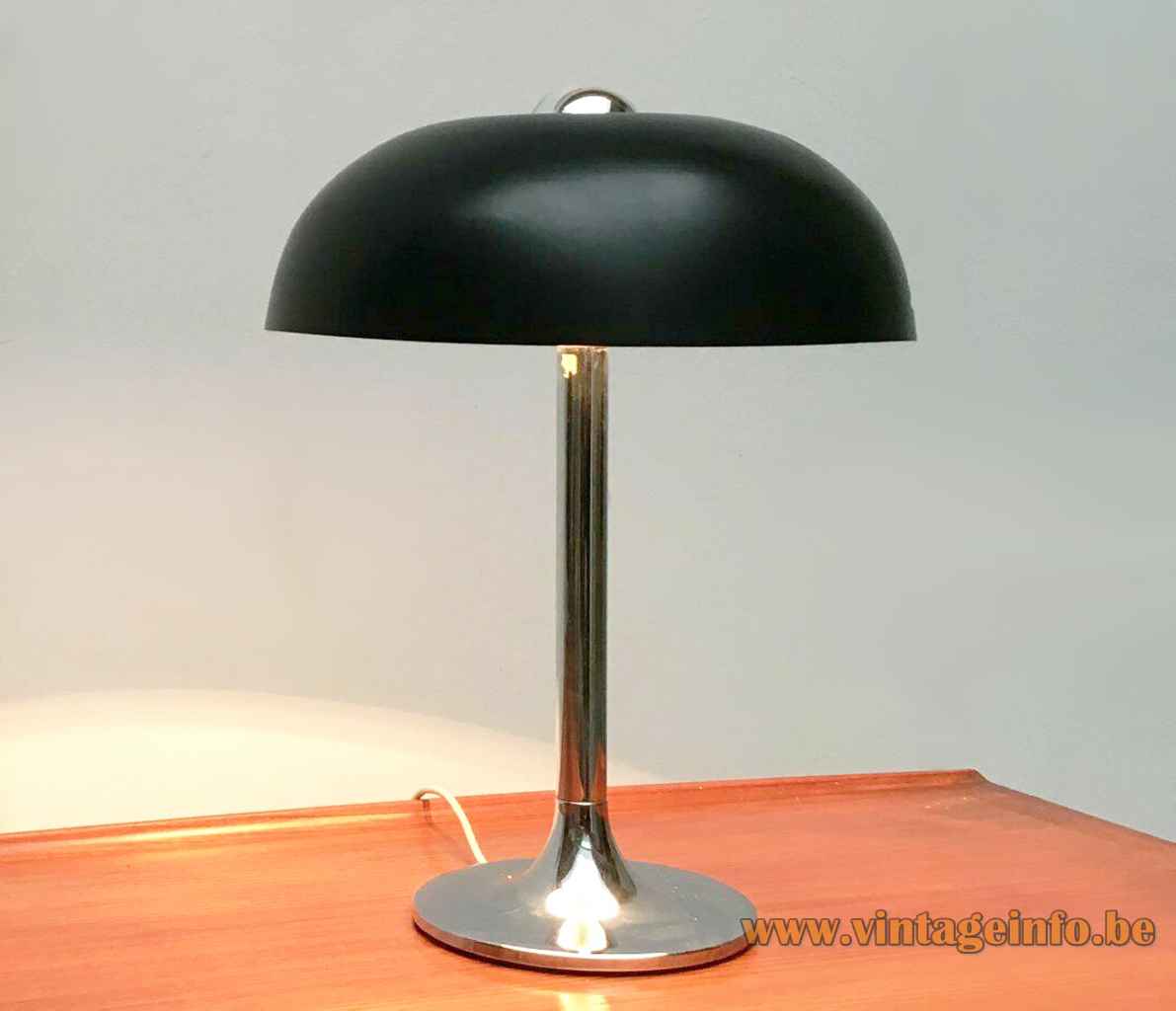 Hustadt-Leuchten mushroom desk lamp round chrome base & rod black round hole lampshade 1970s Germany