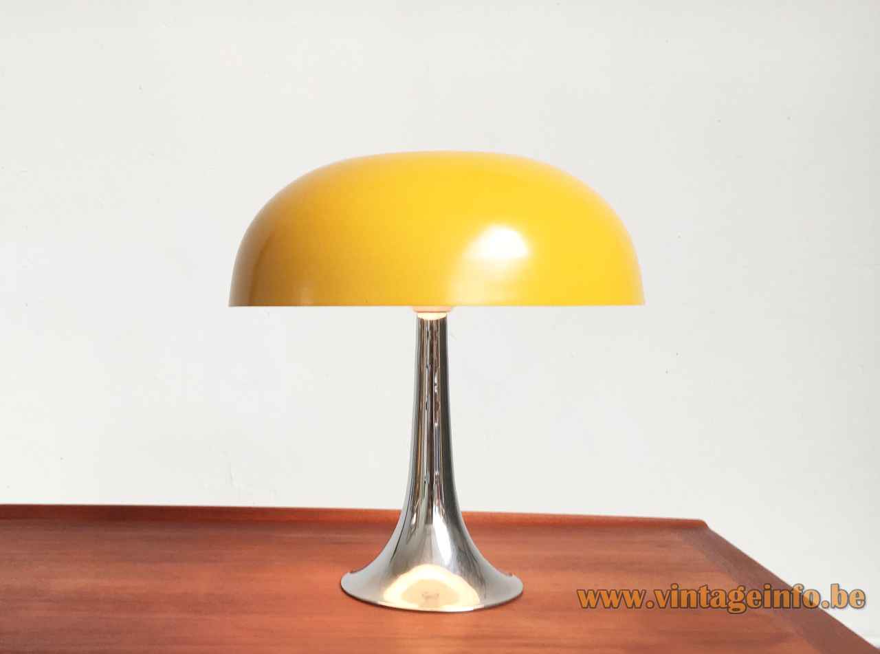 Hustadt-Leuchten yellow mushroom desk lamp round chrome base & rod round hole lampshade 1970s Germany