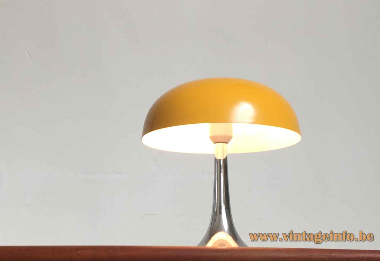 Hustadt-Leuchten yellow mushroom desk lamp round chrome base & rod round hole lampshade 1970s Germany