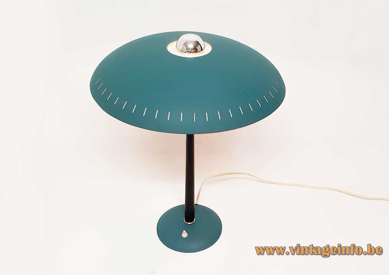 Louis Kalff Senior desk lamp round blue base conical rod UFO mushroom lampshade Philips 1950s 1960s