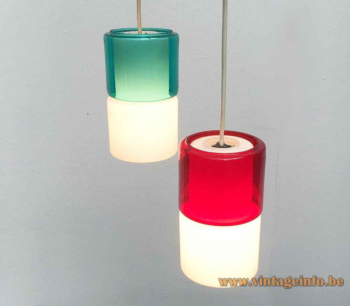 Peill + Putzler duotone pendant lamp opal & clear red & green hand blown glass lampshade 1950s 1960s Germany