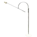 Sonneman Orbiter floor lamp round white metal base chrome rods eyeball globe lampshade 1960s LUCI