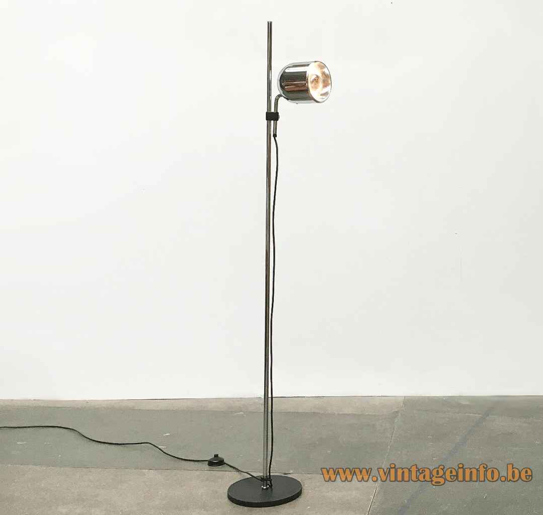Staff floor lamp 1181 round black base chrome rod adjustable lampshade 1975 design Arnold Berges Germany