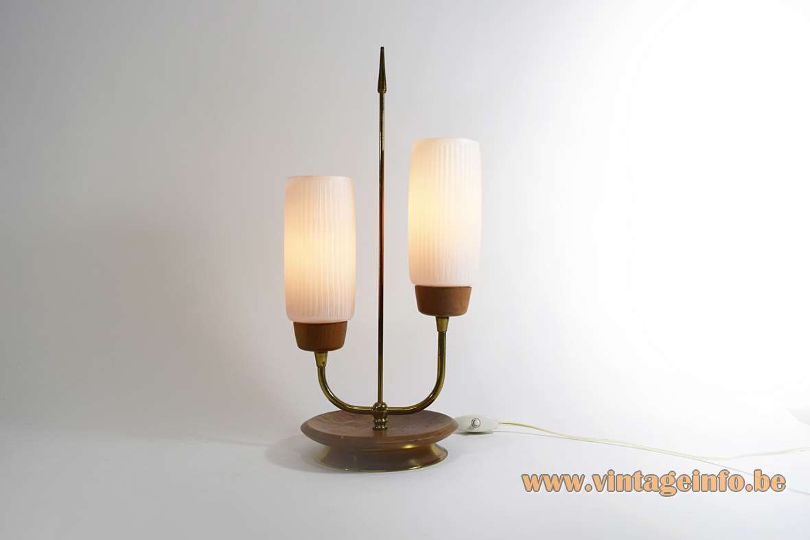 1950s Scandinavian table lamp round wood base brass arrow 2 ribbed opal glass lampshades 1960s Massive
